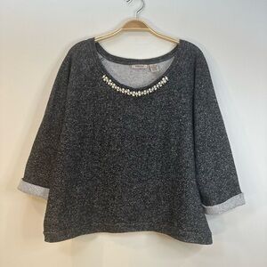 Rhinestone Pearl Sz XL Jeweled Top By Fresh 3/4 Cuffed Sleeve Black White Knit